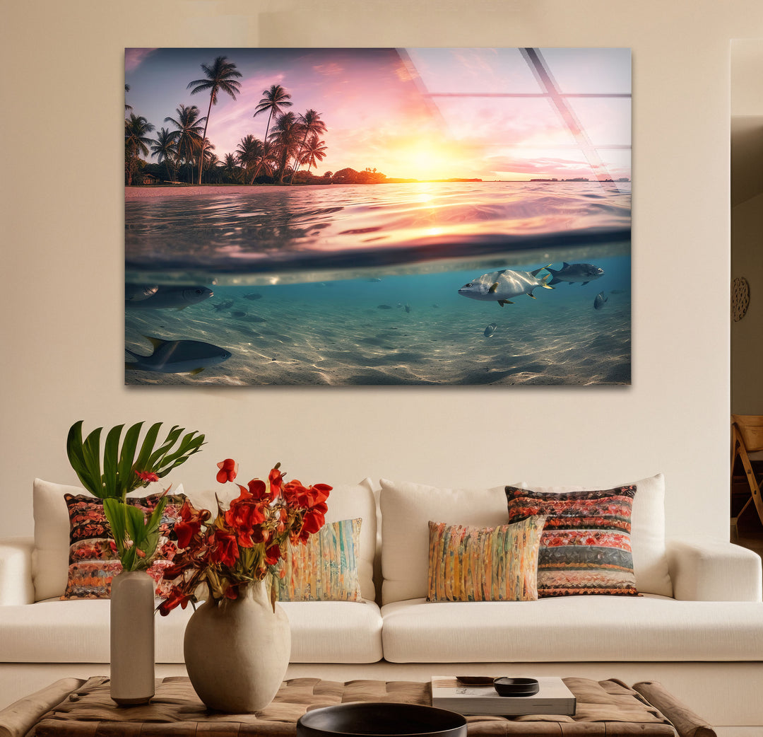 Tropical Ocean Split View Wall Art – Sunset and Underwater Scene Glass Print