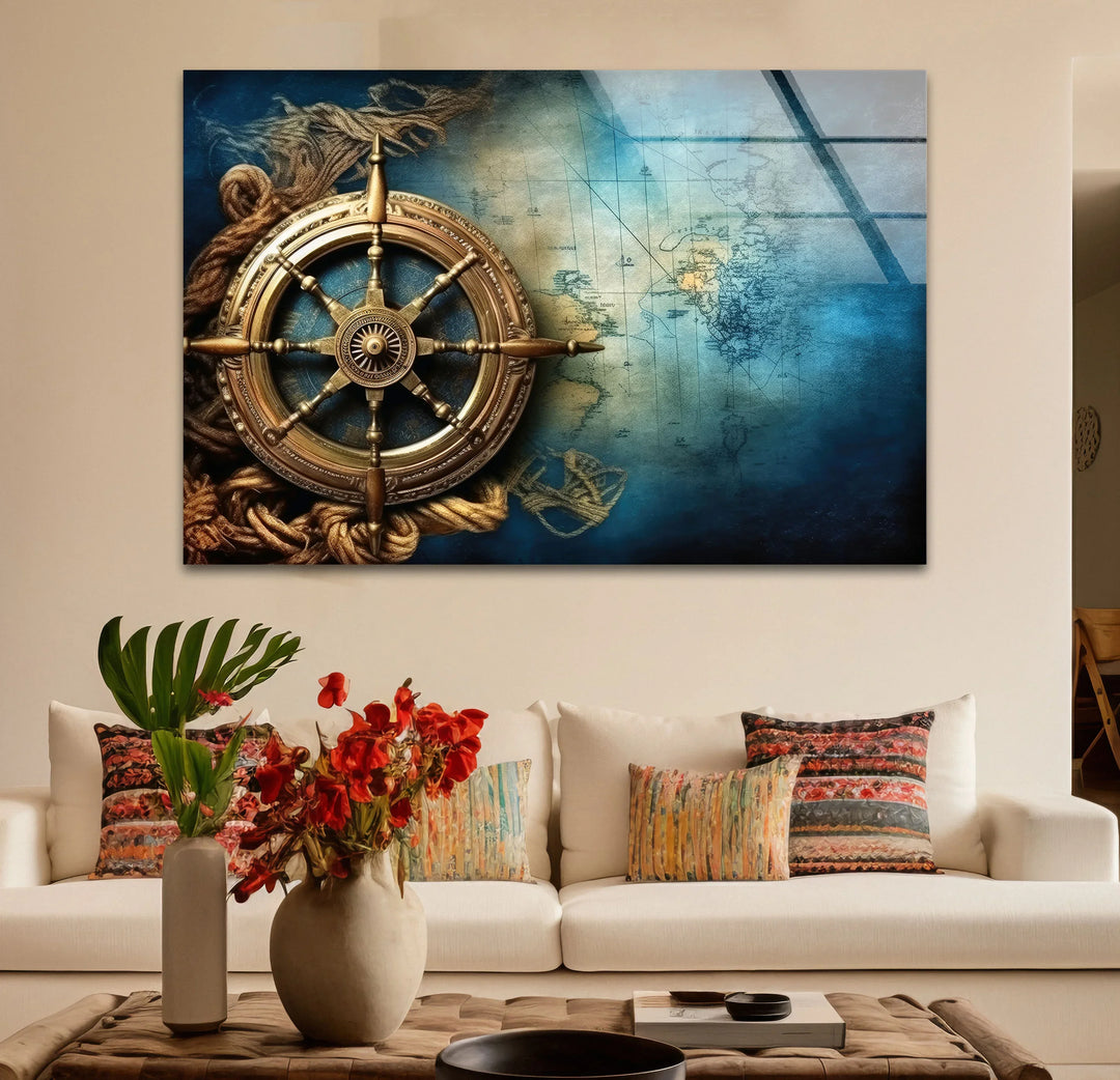 Nautical Compass Wall Art – Vintage Ocean Map Glass Print for Interior Elegance - MyPhotoStation