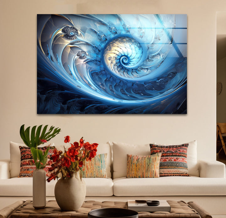 Blue Fractal Spiral Wall Art – Abstract Nautilus Glass Print for Modern Interiors