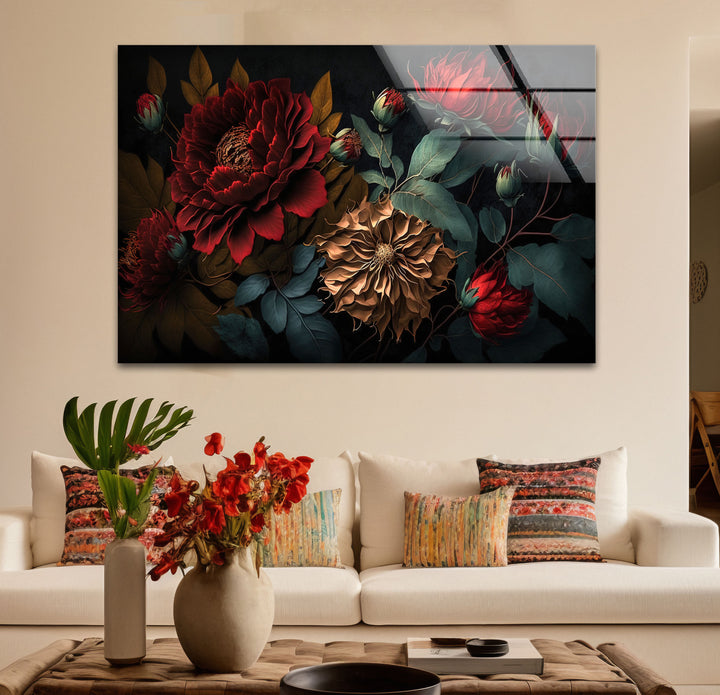 Dark Floral Elegance Wall Art – Red & Gold Botanical Glass Print