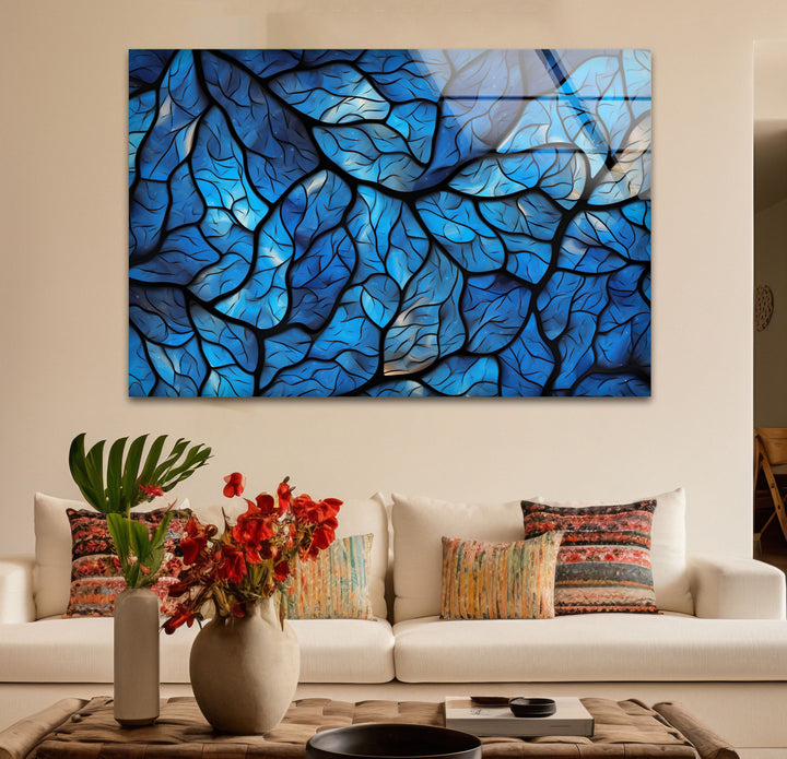 Blaues Blattmosaik-Wandbild – Abstrakter Naturglasdruck für modernes Dekor