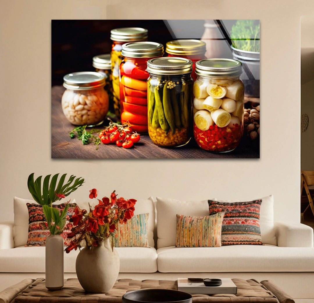 Rustic Kitchen Wall Art – Colorful Pickled Vegetables in Glass Jars Print - MyPhotoStation