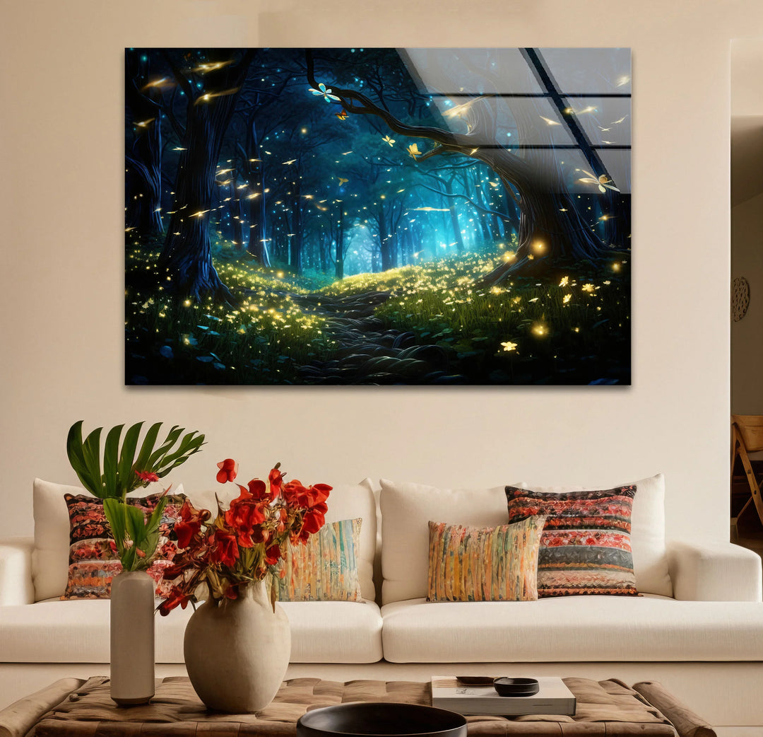 Enchanted Firefly Forest Wall Art – Magical Night Path Glass Print for Fantasy Decor - MyPhotoStation