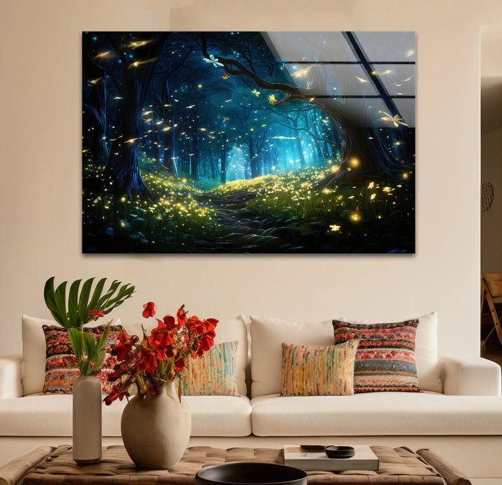 Enchanted Firefly Forest Wall Art – Magical Night Path Glass Print for Fantasy Decor - MyPhotoStation