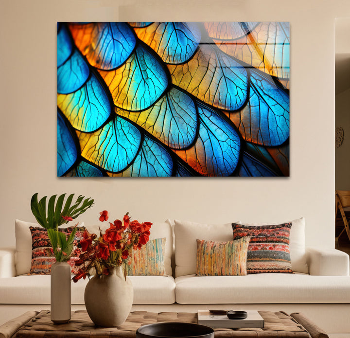 Blue Gold Leaf Texture Wall Art – Abstract Nature Pattern Glass Print