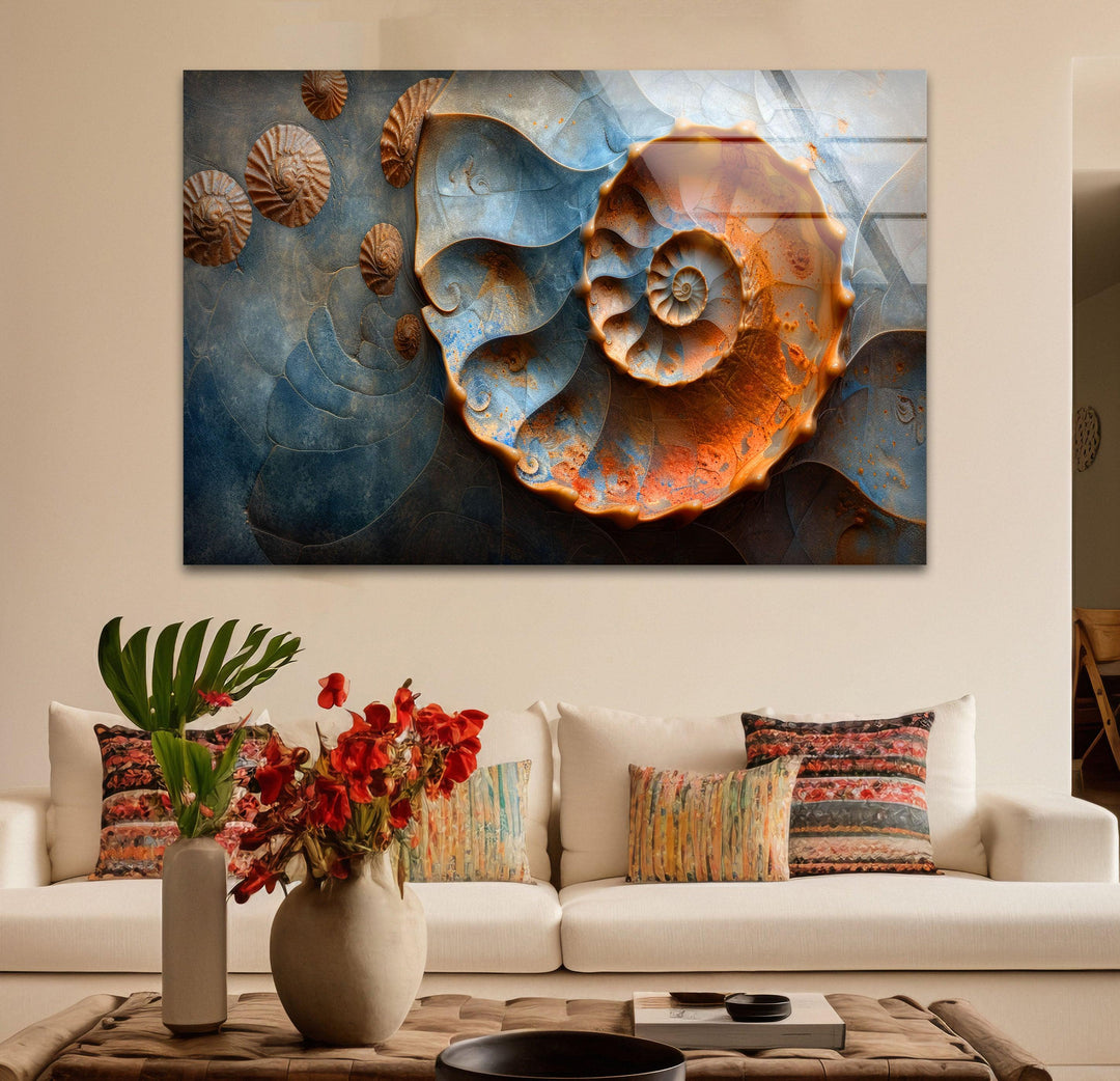 Wanddekoration aus Glas mit Fossilienmuscheln