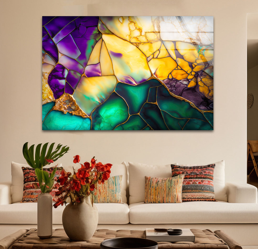 Emerald Amethyst Abstract Glass Wall Art – Geode Mosaic Color Print