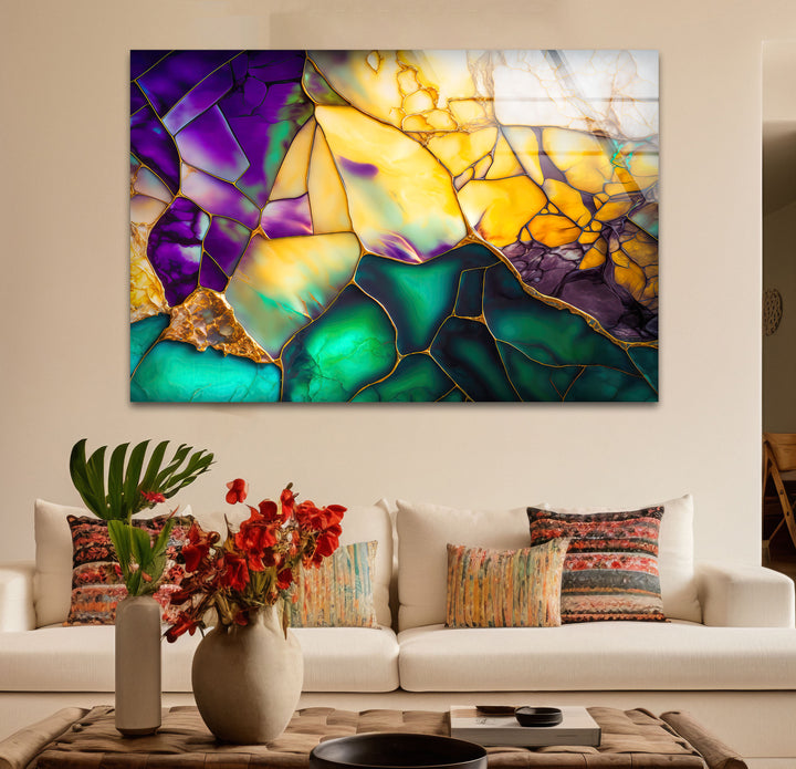 Emerald Amethyst Abstract Glass Wall Art – Geode Mosaic Color Print