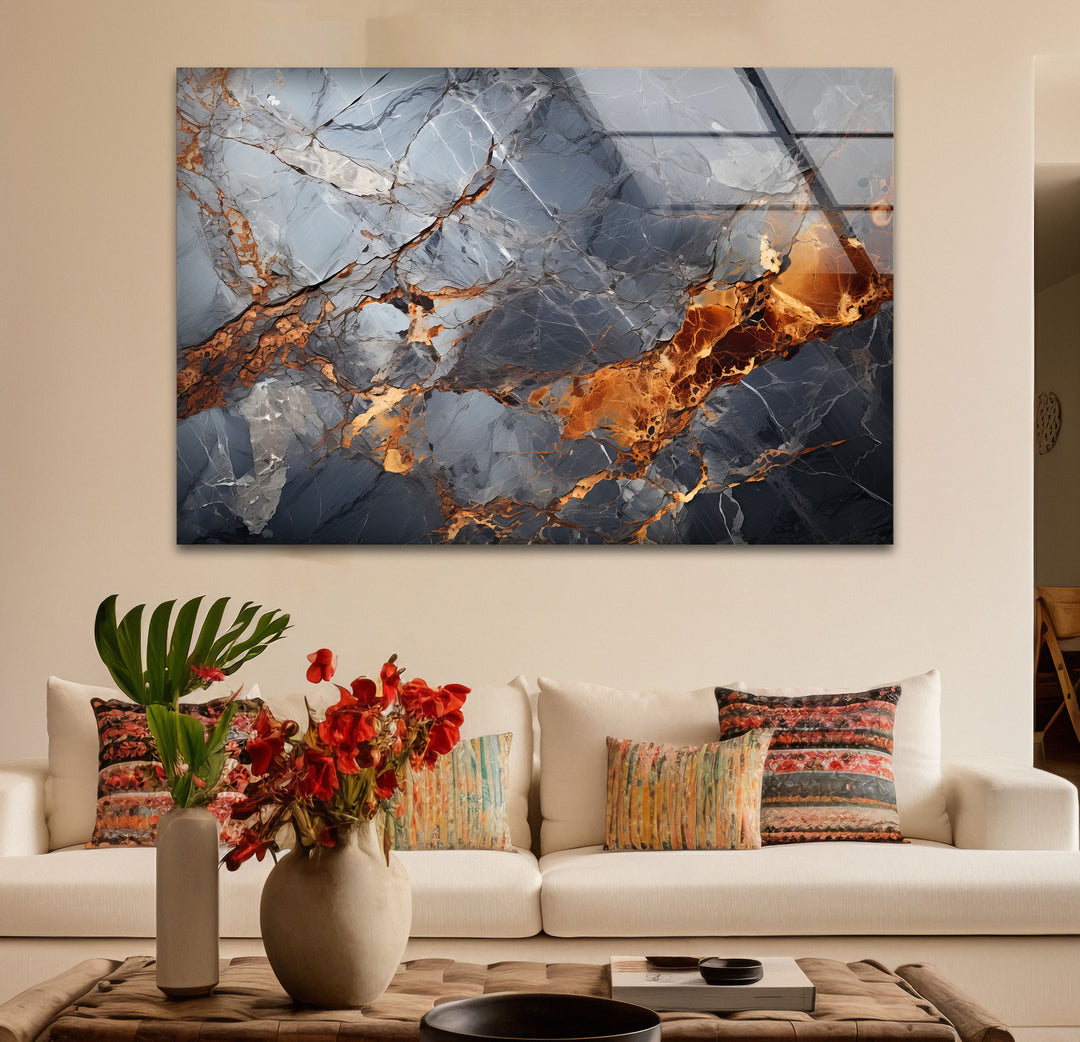 Fiery Blue Marble Glass Wall Art – Abstract Stone Texture Print