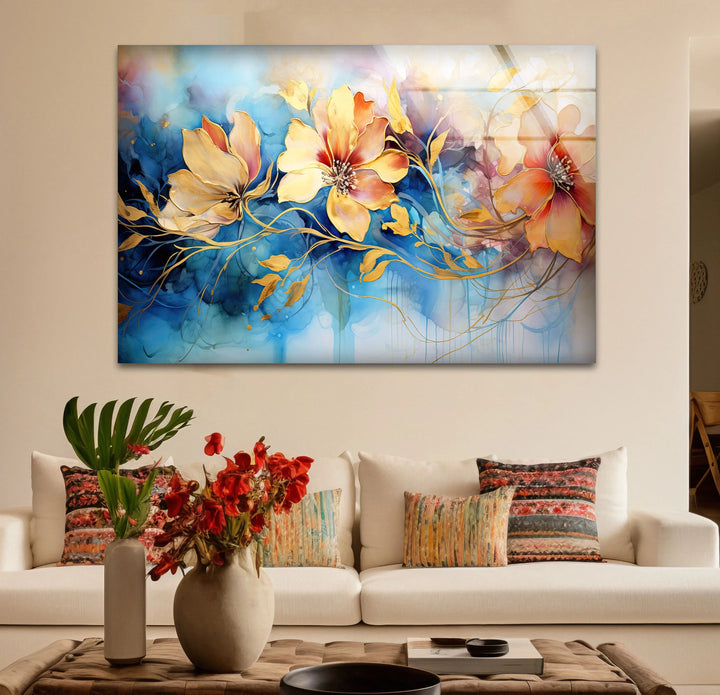 Golden Floral Fantasy Wall Art – Abstract Blue and Yellow Flower Glass Print for Elegant Interiors - MyPhotoStation