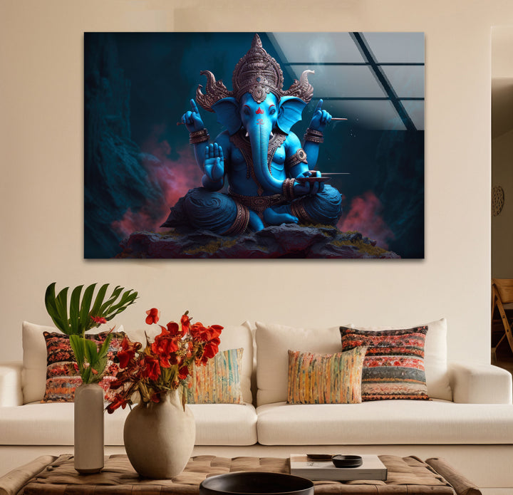 Blaue Ganesha-Wandkunst – Göttliche Hindu-Gottheit – Glasdruck für spirituelles Dekor 