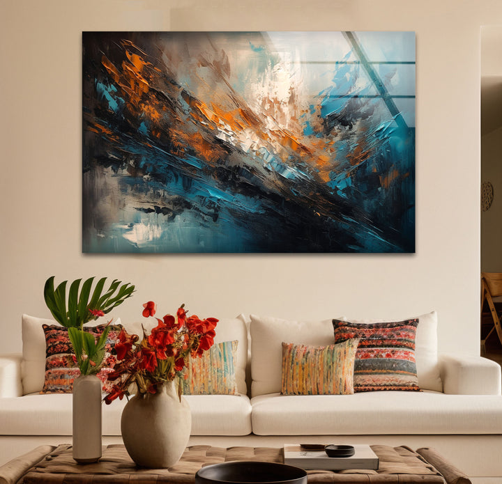 Modern Abstract Brushstroke Glass Wall Art – Teal and Copper Splash Print