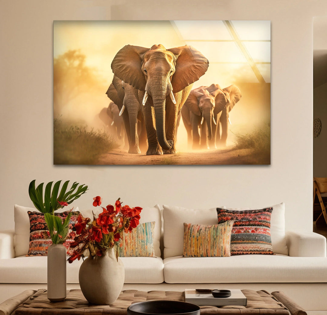 Elephant Herd Safari Wall Art – Majestic Wildlife Glass Print for Bold Natural Decor - MyPhotoStation