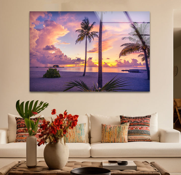 Tropical Sunset Beach Wall Art – Vibrant Palm Tree Ocean Scene Glass Print for Relaxing Home Decor