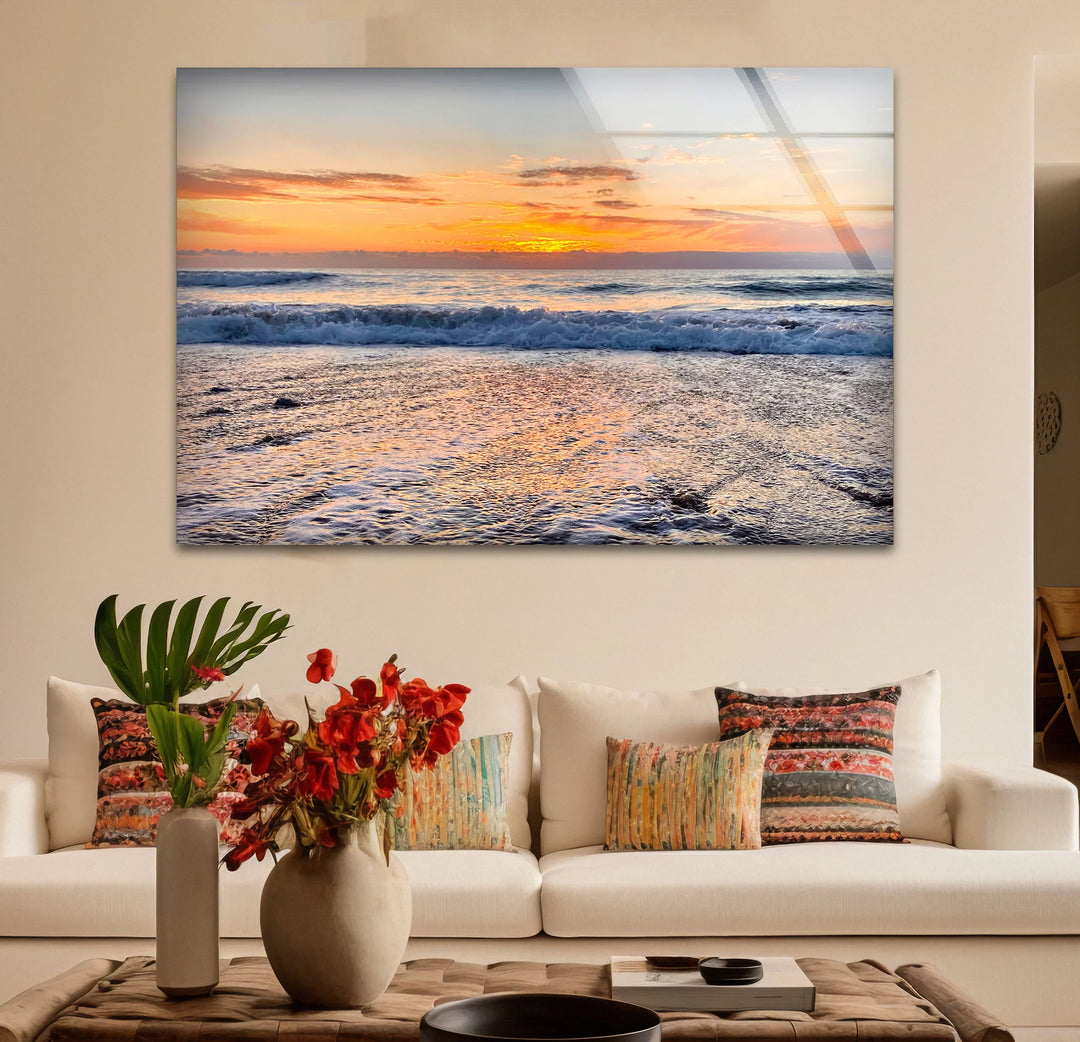 Golden Horizon Ocean Wall Art – Peaceful Sunset Beach Scene Glass Print - MyPhotoStation