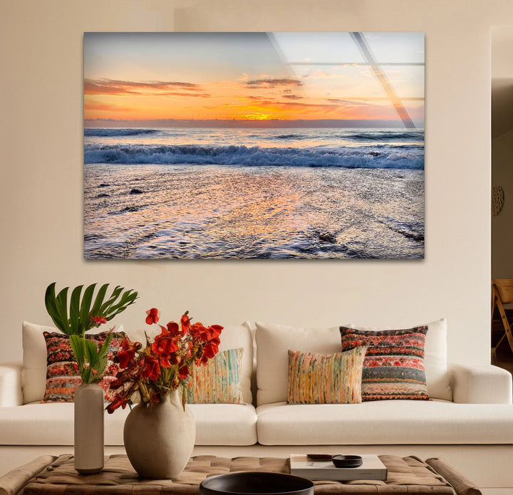 Golden Horizon Ocean Wall Art – Peaceful Sunset Beach Scene Glass Print - MyPhotoStation
