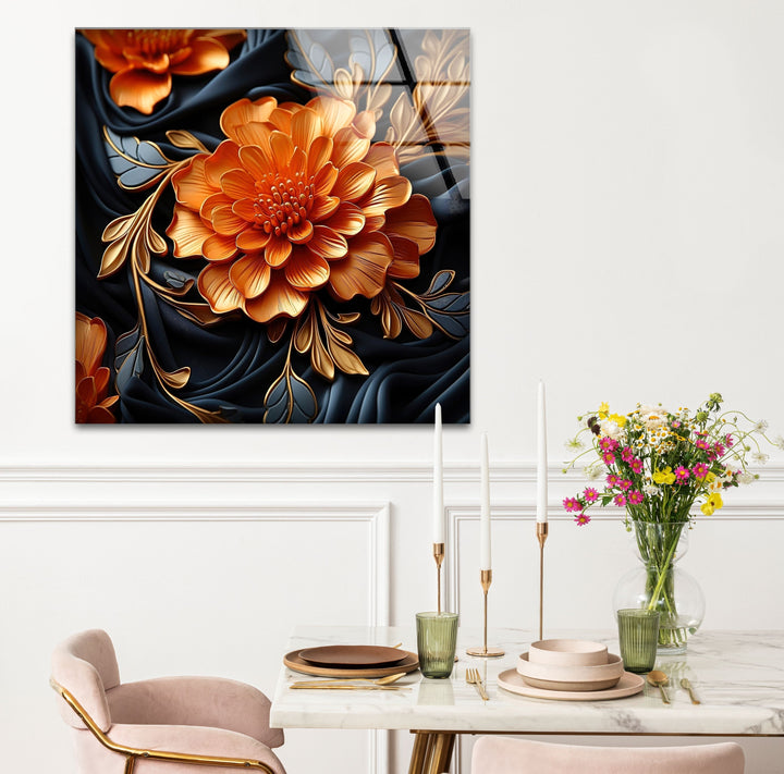 Botanical Orange & Blue Flower Glass Wall Art stained glass wall art, stained glass wall decor

