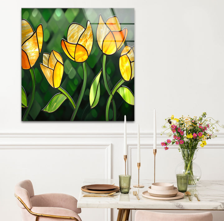 Yellow Flower Stained Glass Wall Art print picture on glass, Tempered Glass Wall Art

