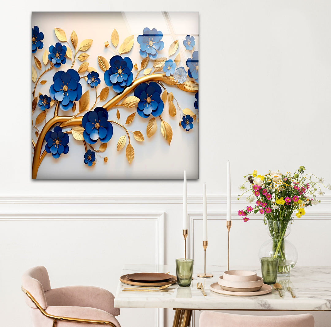 Navy Blue with Golden Details Glass Wall Art glass wall decor, glass wall art decor
