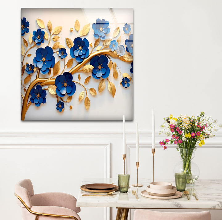 Navy Blue with Golden Details Glass Wall Art glass wall decor, glass wall art decor
