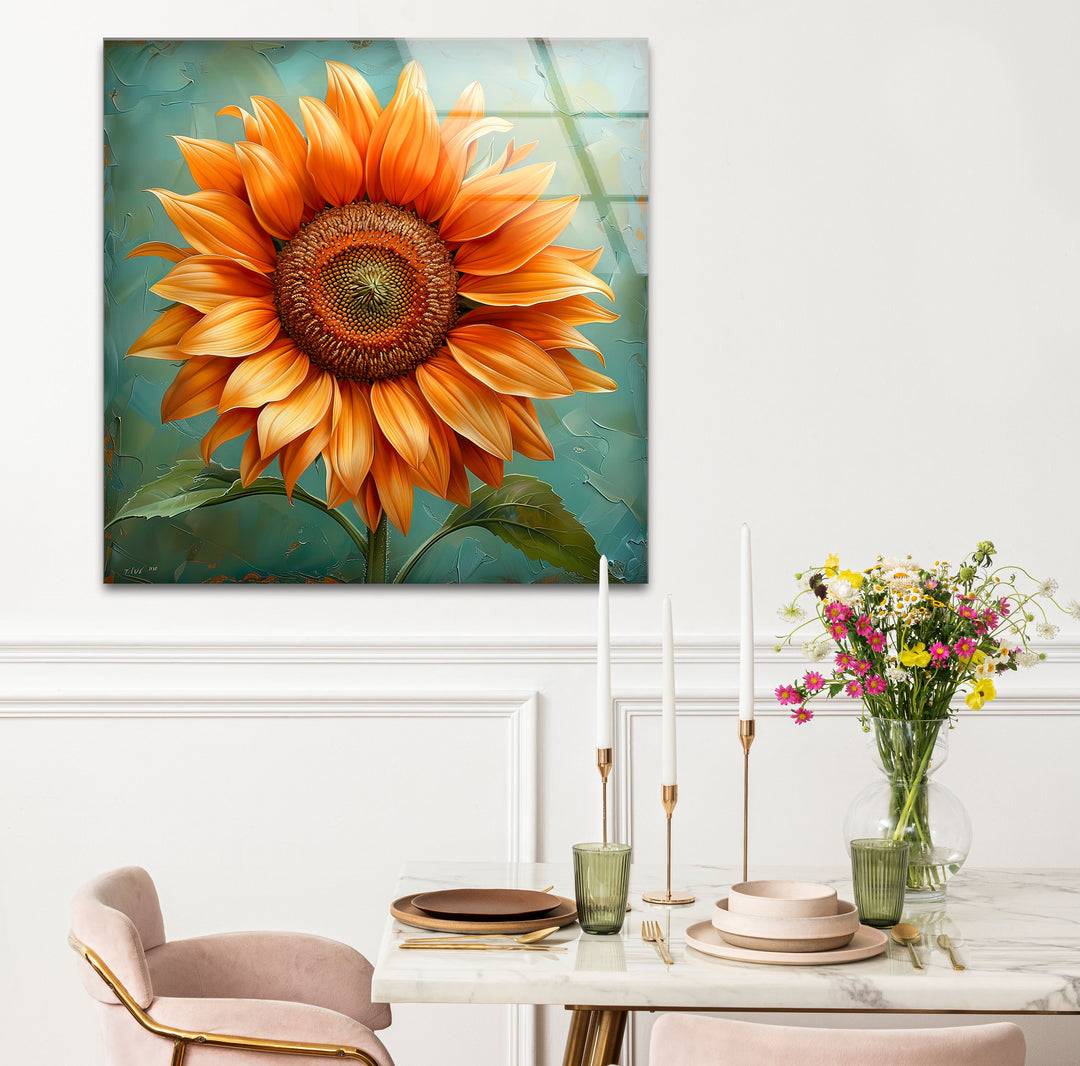 Oil Painting Orange Sunflower Glass Wall Art glass image printing, glass prints from photos
