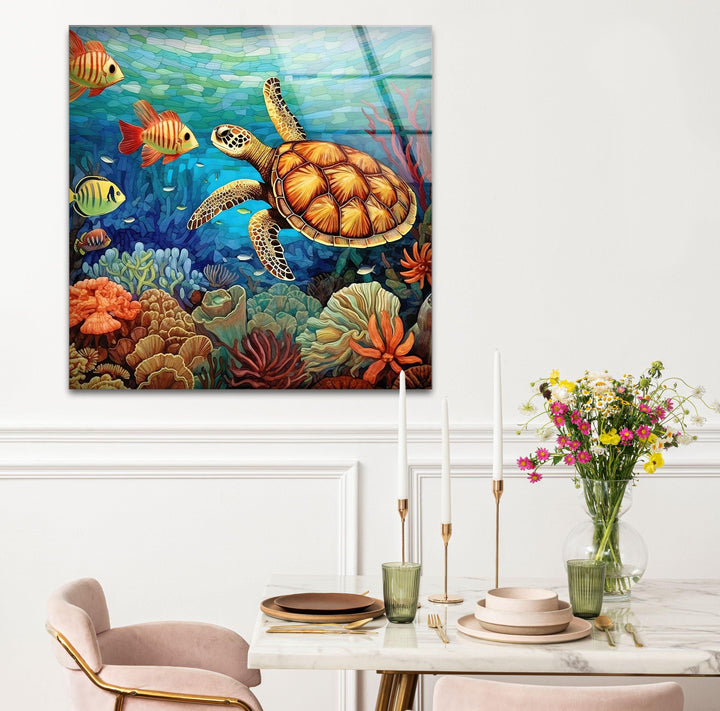 Sea Turtle & Fishes Underwater Glass Wall Art glass art painting, glass art for the Wall
