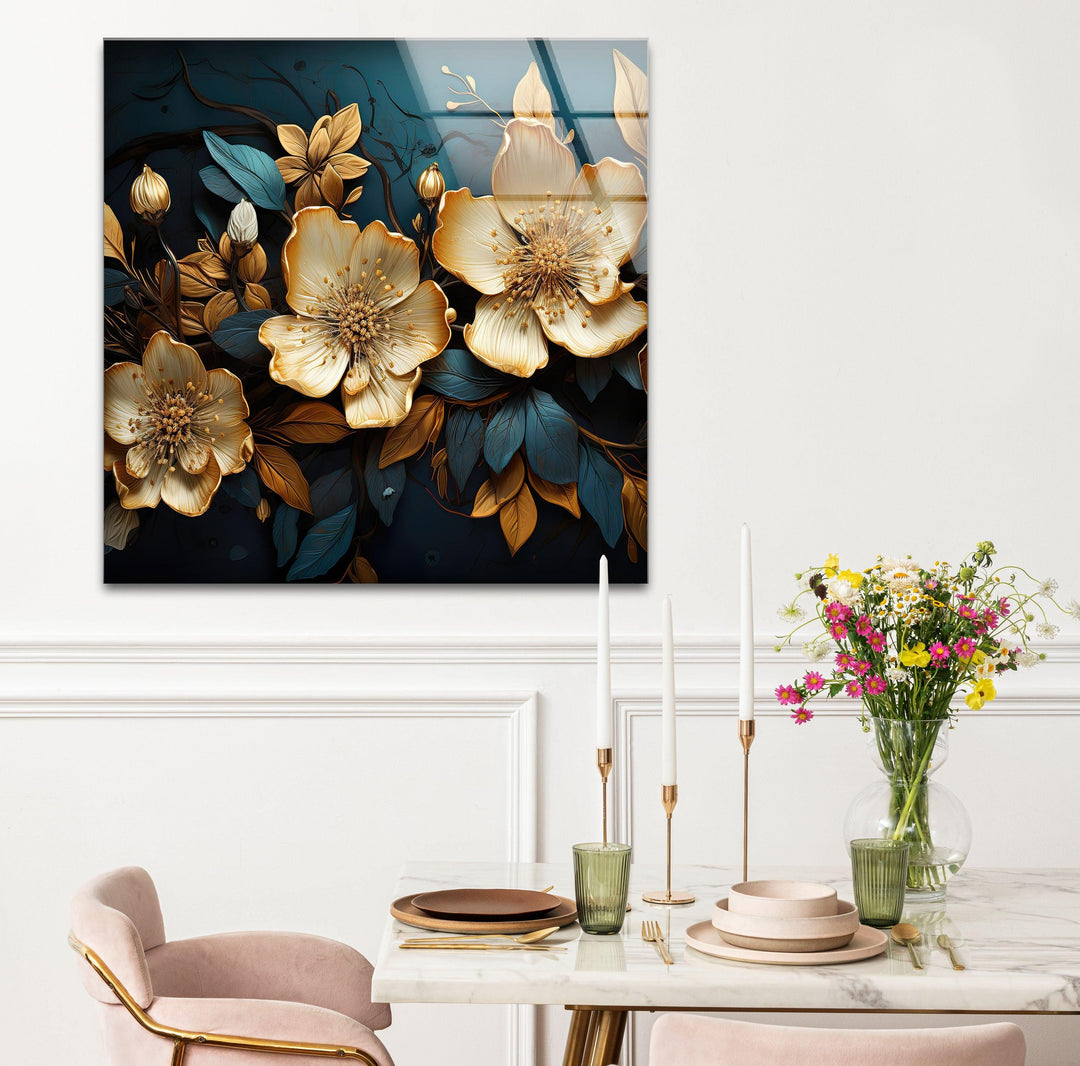 Gold & Blue Botanical Glass Wall Art large glass photo prints, glass wall photos
