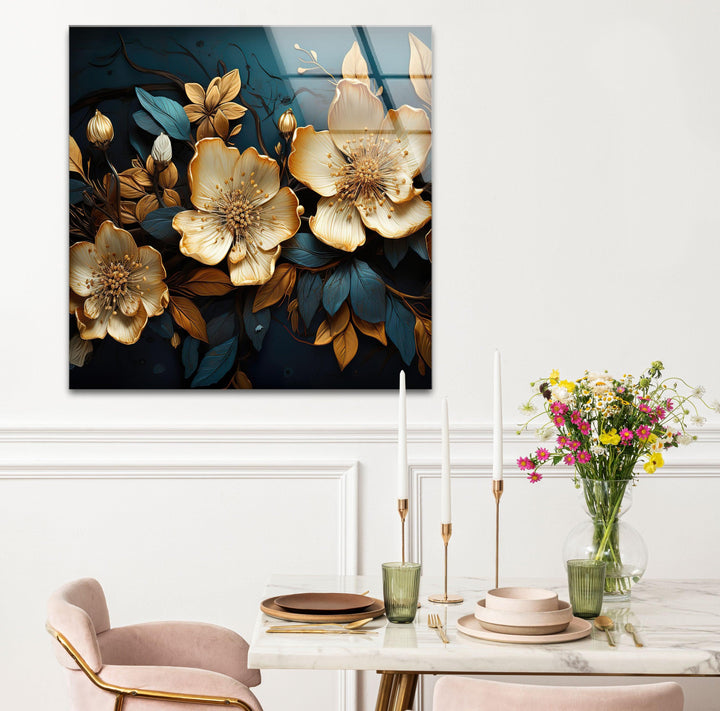 Gold & Blue Botanical Glass Wall Art large glass photo prints, glass wall photos
