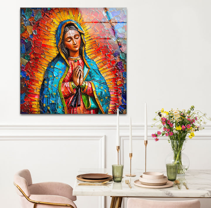 The realistic detail of this vibrant Sacred Radiance Mosaic religious glass decorative wall art shows the Virgin Mary praying with an intricate halo.