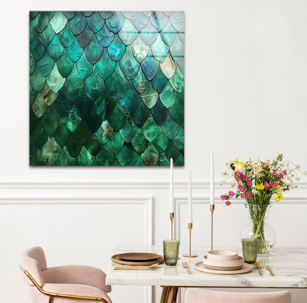 Rectangular emerald scale texture abstract green glass printing wall art piece with a distinct horizontal orientation.