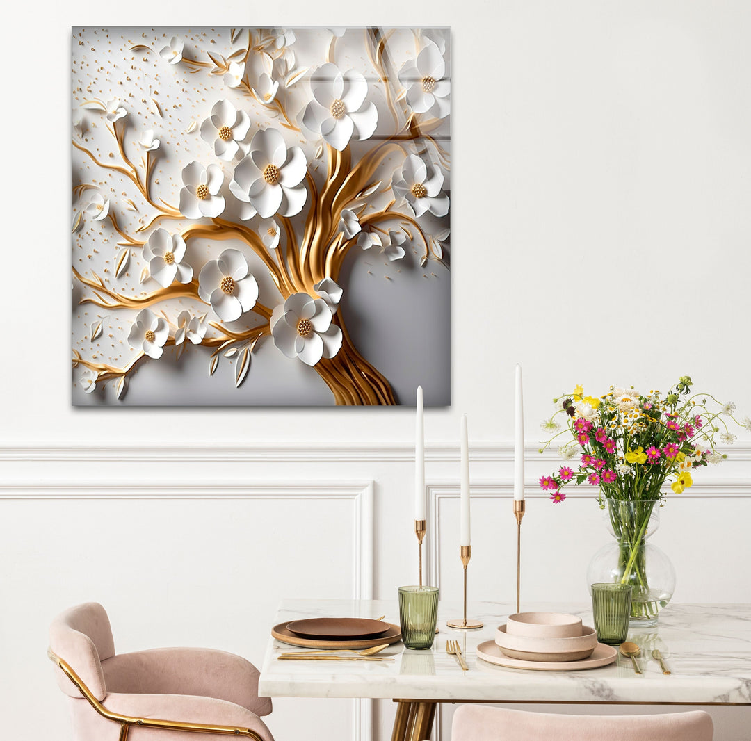 Gold and White Flower Tree Glass Wall Art print on glass, glass printed photos
