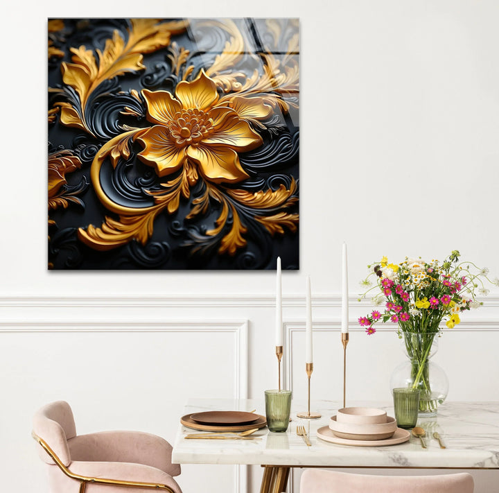 Botanical Gold & Black Flower Glass Wall Art glass wall decor, glass wall art decor

