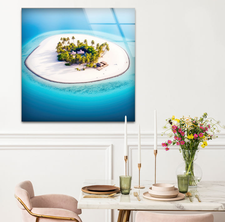 Tropical Island Wall Art – Aerial Beach Paradise Glass Print for Coastal Interiors