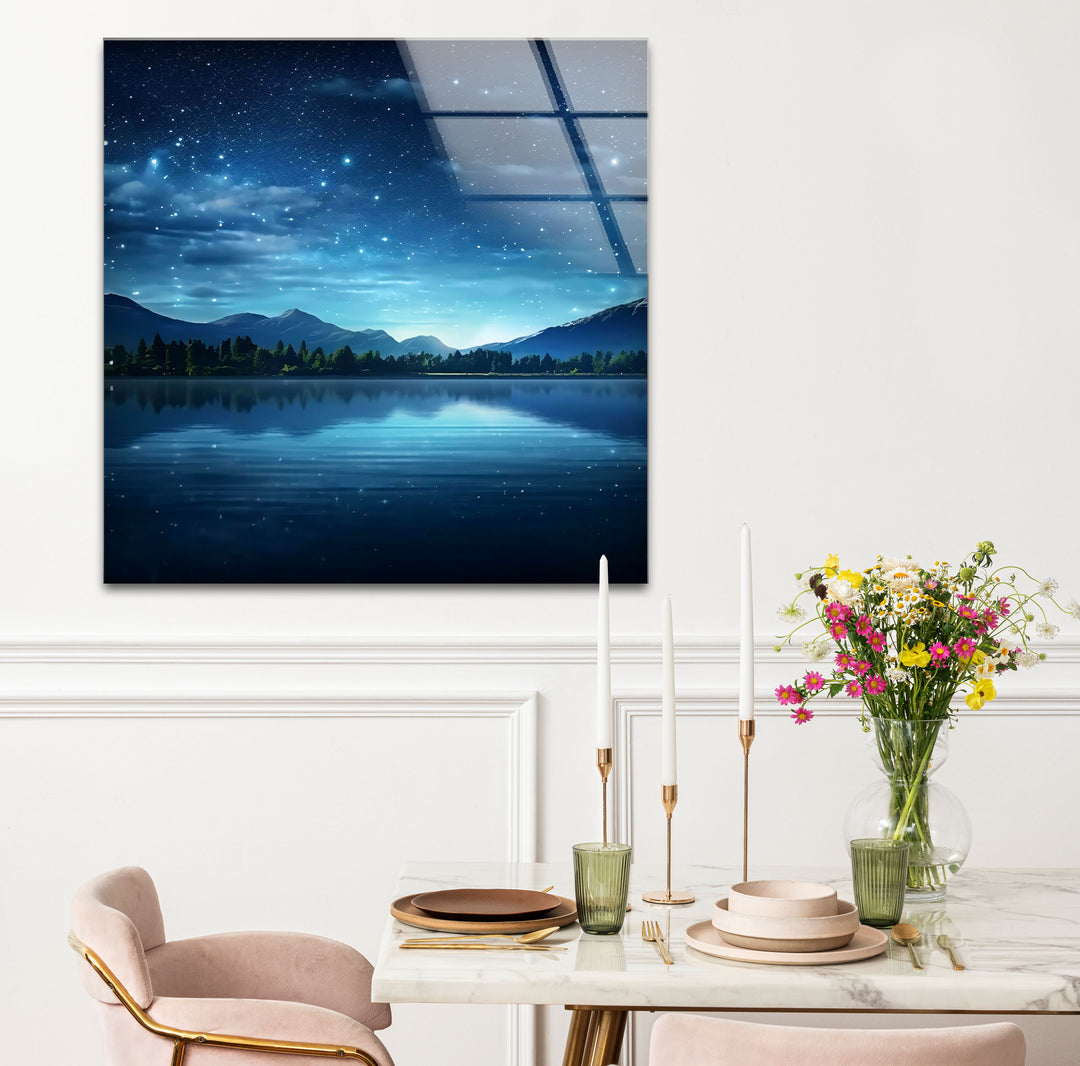 Starry Night Lake Wall Art – Tranquil Mountain Reflection Glass Print for Interior Elegance