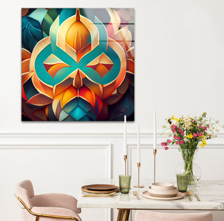 3D Geometric Mandala Glass Wall Art – Vibrant Abstract Lotus Design