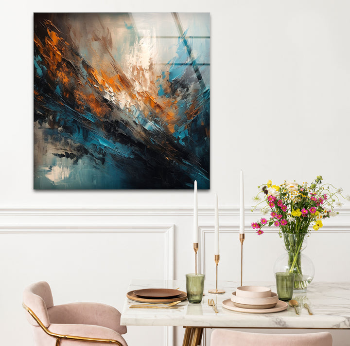Modern Abstract Brushstroke Glass Wall Art – Teal and Copper Splash Print