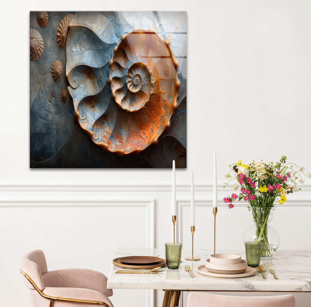 Wanddekoration aus Glas mit Fossilienmuscheln