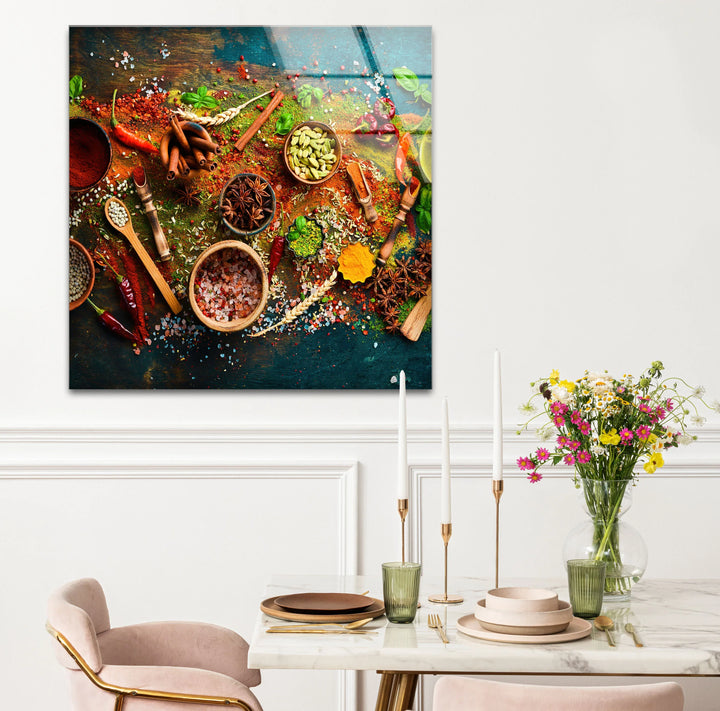 Subtle light and shadow play across the tempered glass wall art of colorful spices and herbs, accentuating the rustic textures in this flavorful kitchen decor print.