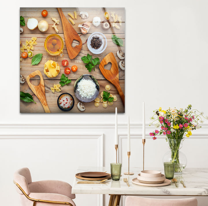 Rustic Italian Kitchen Wall Art – Culinary Glass Print Featuring Pasta, Spices & Wooden Utensils