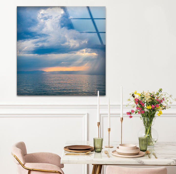 Stormy Ocean Sunset Wall Art – Moody Sea Glass Print with Sunlight Rays