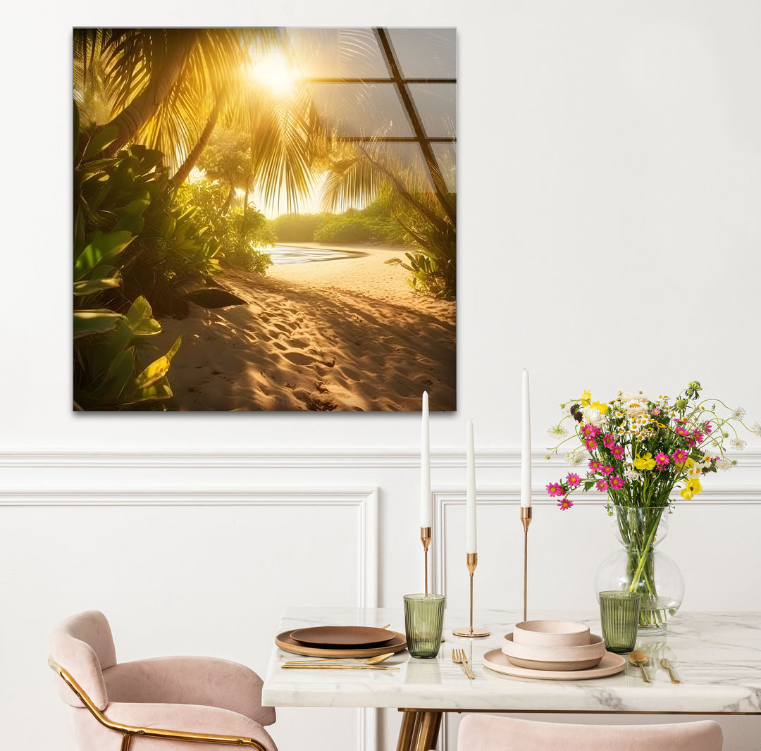 Golden Forest Beach Wall Art – Tropical Palm Tree Pathway Glass Print for Tranquil Nature-Inspired Decor