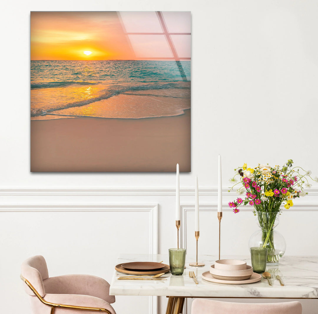 Tranquil Sunset Beach Wall Art – Coastal Ocean Waves with Soft Orange Glow - MyPhotoStation