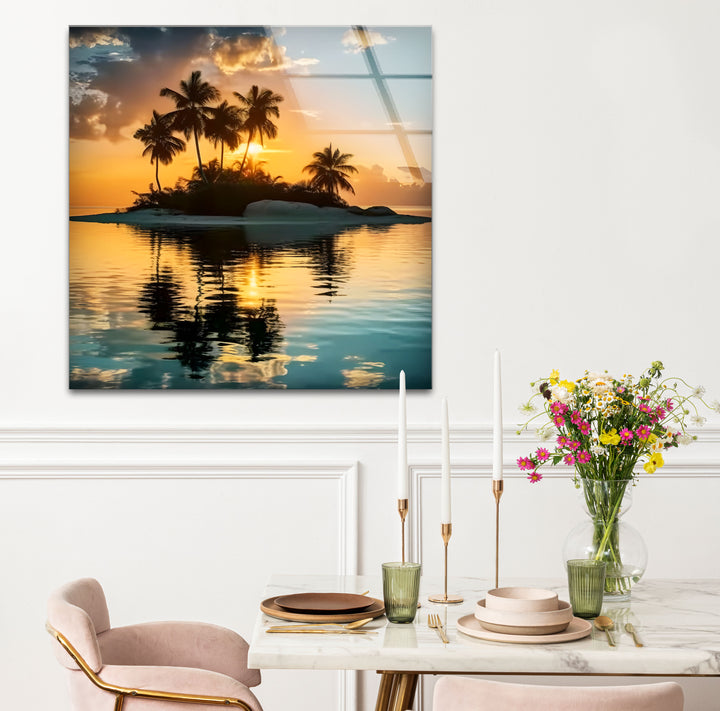 Tropical Island Sunset Wall Art – Serene Beach Glass Print for Relaxing Interiors