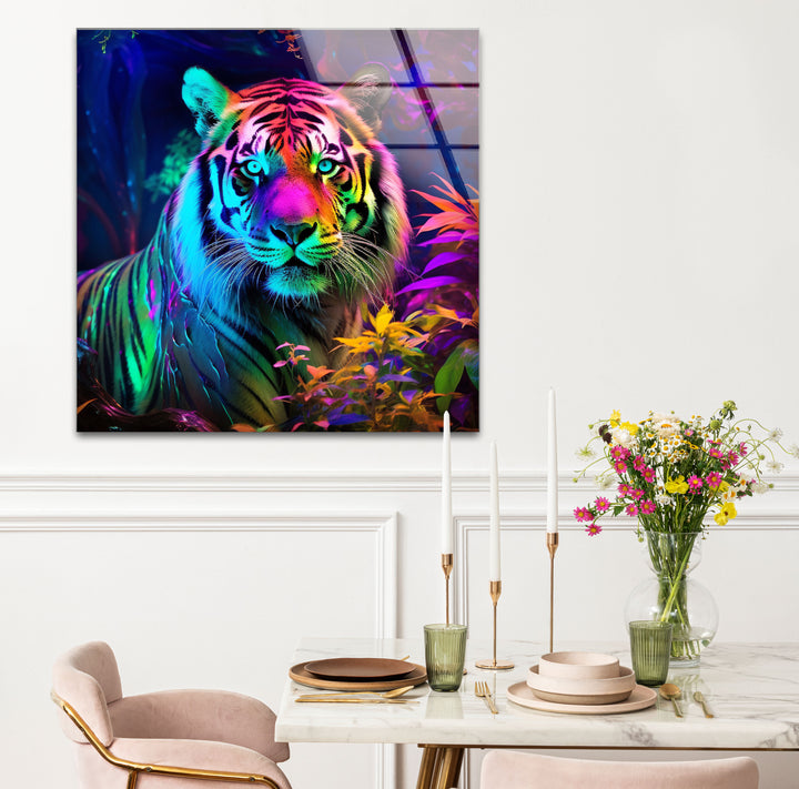 Neon Jungle Tiger Wandkunst – Lebendiger Wildlife-Glasdruck für mutige Innenräume