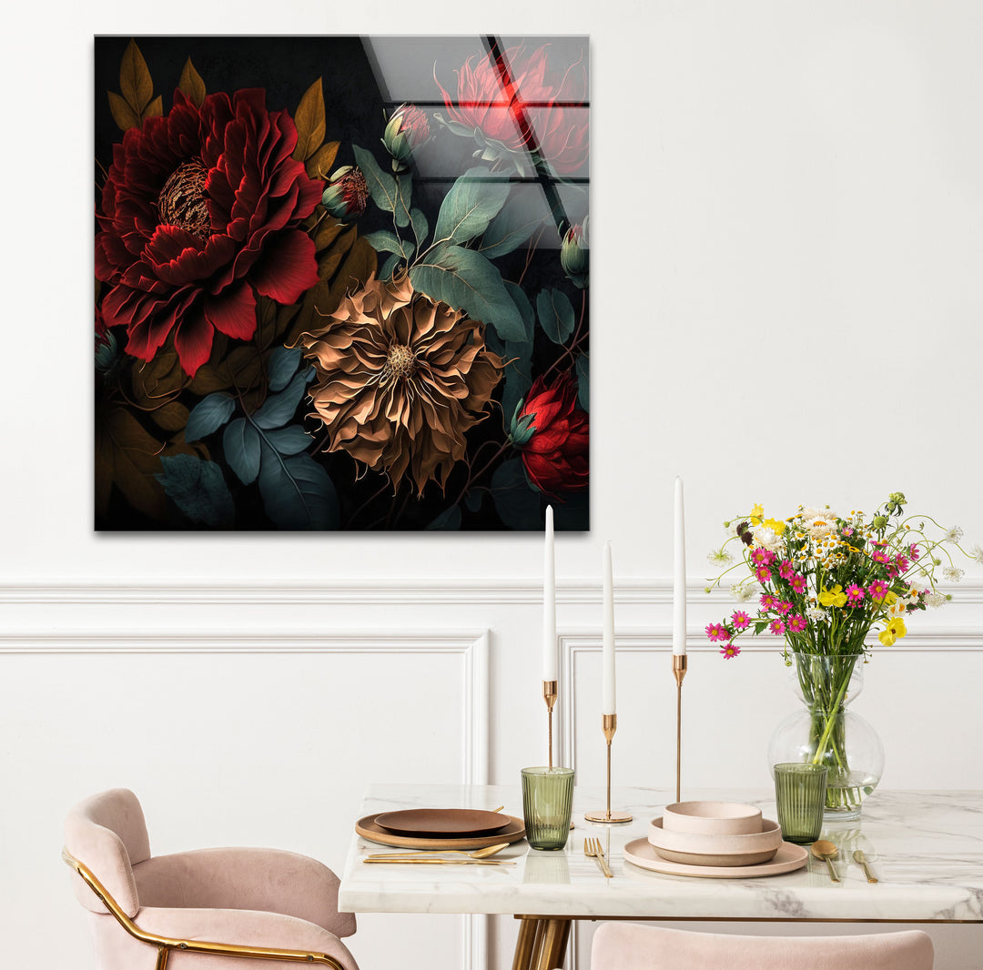Dark Floral Elegance Wall Art – Red & Gold Botanical Glass Print