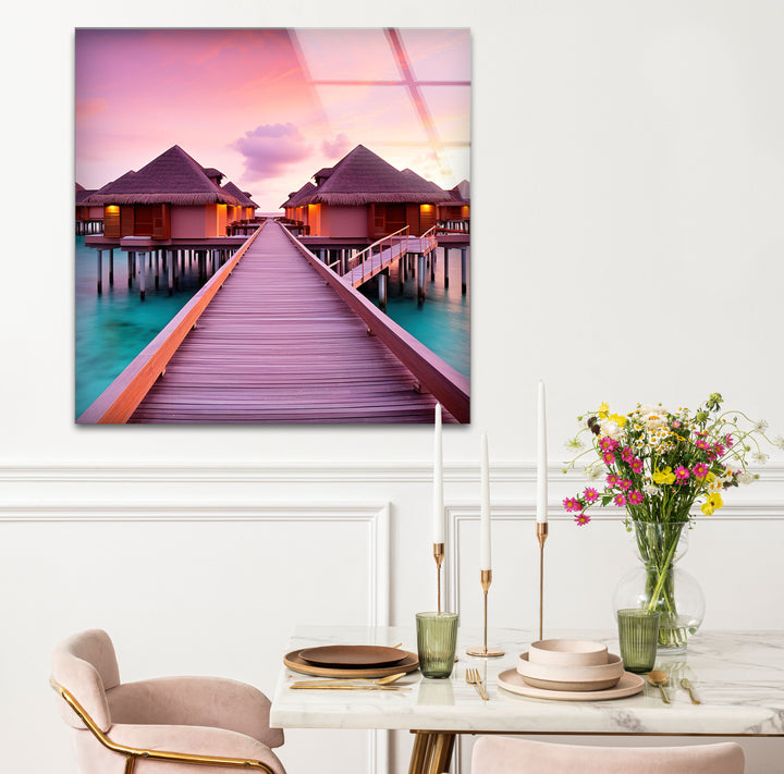 Maldives Sunset Resort Wall Art – Tropical Overwater Bungalows Glass Print Decor
