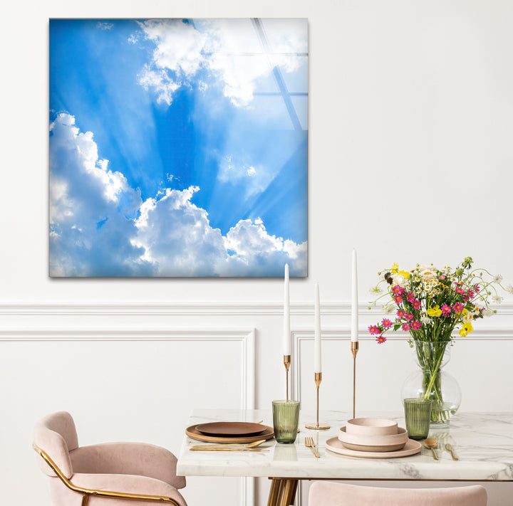 Heavenly Sky Light Rays Wall Art – Blue Cloudscape Glass Print for Uplifting Decor