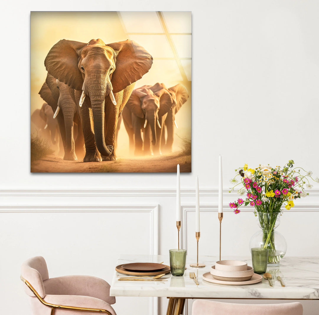 Elephant Herd Safari Wall Art – Majestic Wildlife Glass Print for Bold Natural Decor - MyPhotoStation
