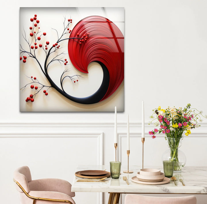 Red Abstract Botanical Wall Art – Modern Glass Decor with Cherry Elements - MyPhotoStation