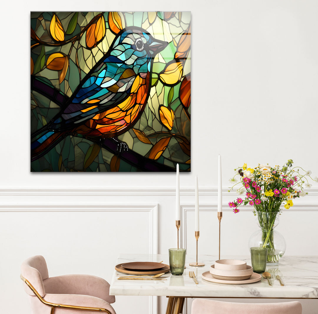 Stained Glass Bird Wall Art – Colorful Songbird on Branch, Nature-Inspired Decor